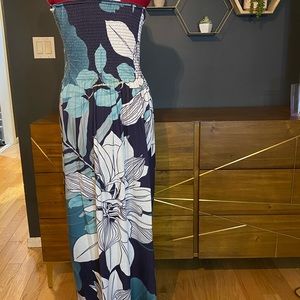 Strapless navy flowered maxi dress